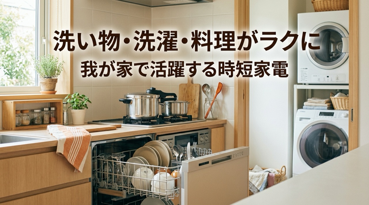 朝のキッチンで、洗い物の食器と洗濯かごが置かれた様子