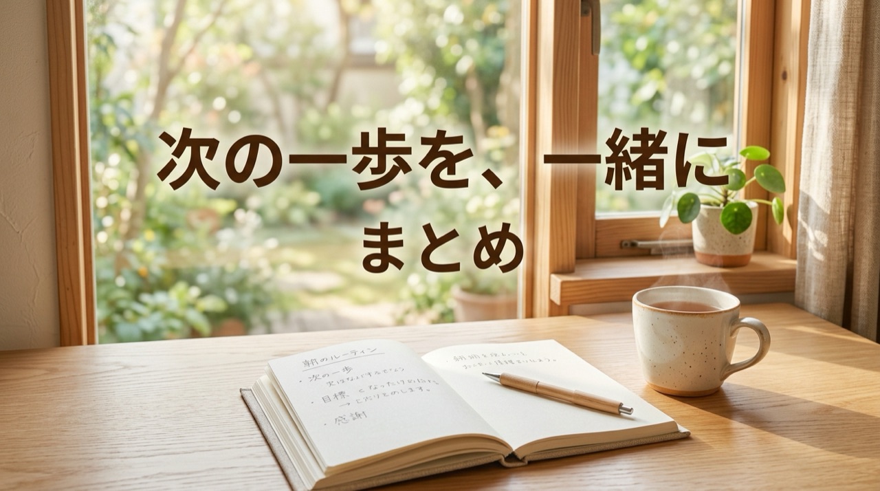 付箋の貼られたノートとマグカップが置かれた、木のテーブルの上の様子